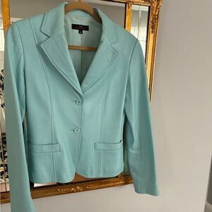 Light Teal Leather Notch-Lapel Blazer - Women's